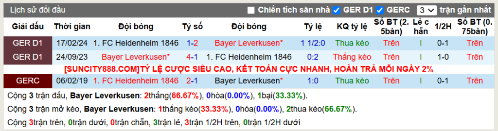 Lịch sử đối đầu Bayer Leverkusen vs Heidenheim