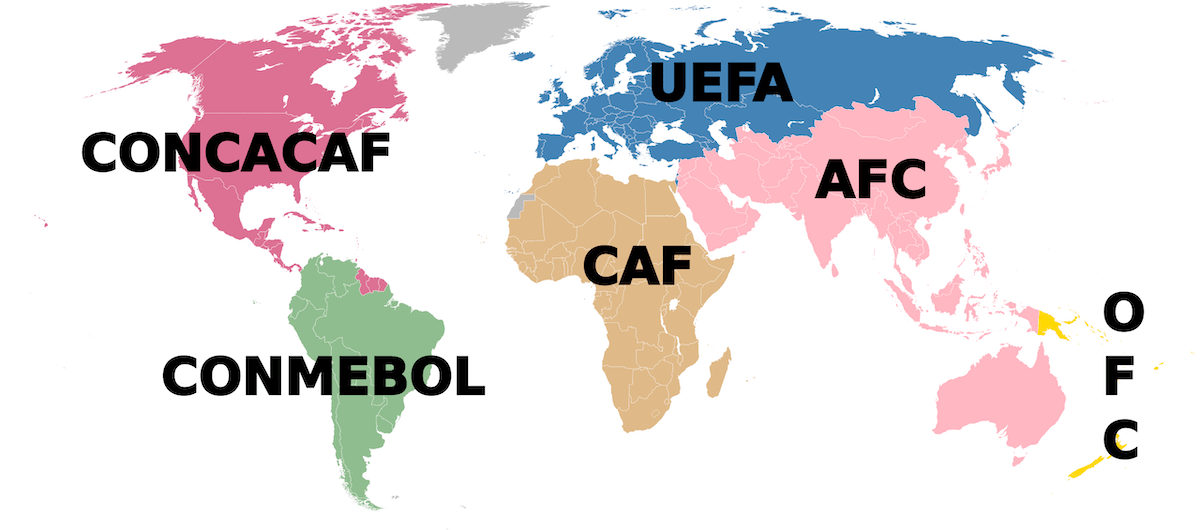 Cách tính điểm vòng loại World Cup và quy tắc xếp hạng 2 Sơ đồ 6 khu vực địa lý của FIFA - nơi các vòng loại World Cup diễn ra