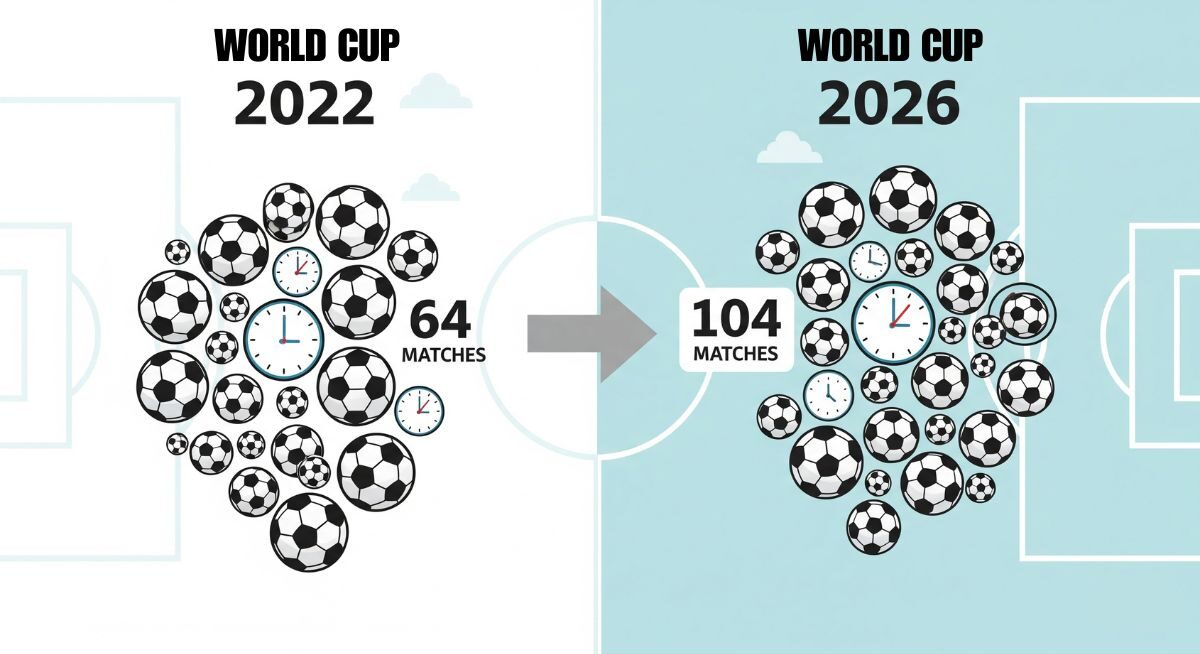 Hình ảnh so sánh số trận đấu tại World Cup 2022 và World Cup 2026, cho thấy sự tăng trưởng kỷ lục